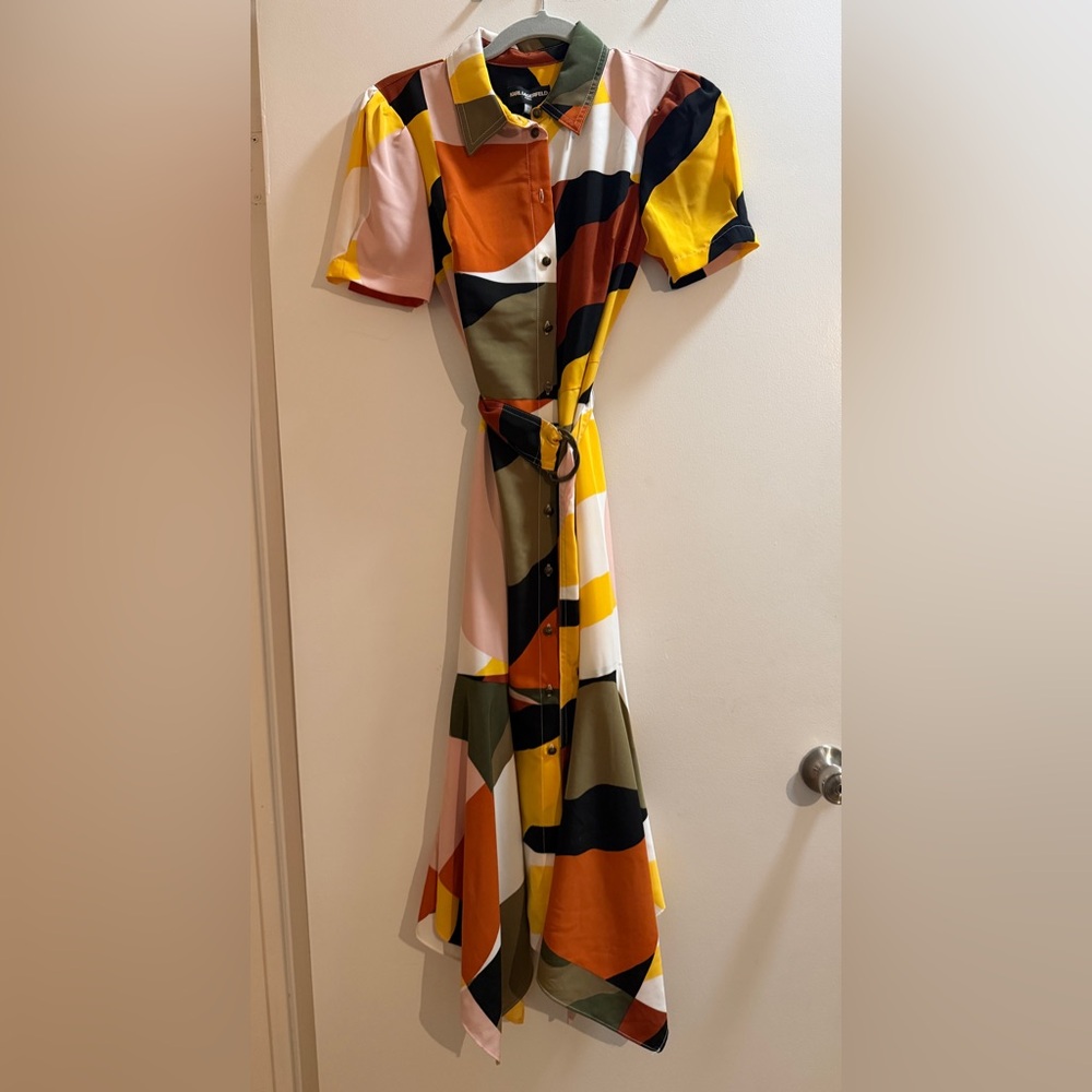 Karl Lagerfeld Paris Multicolor Geometric Print Button-Front Midi Dress w/ belt